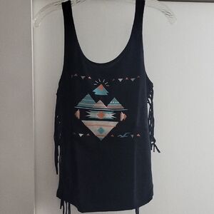 Hollister Black Tank Top with Embroided Print and Fringe